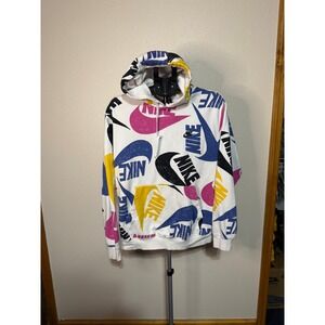 Nike Mens Sportswear All Over Scribble Swoosh Print Hoodie White Multi Color L